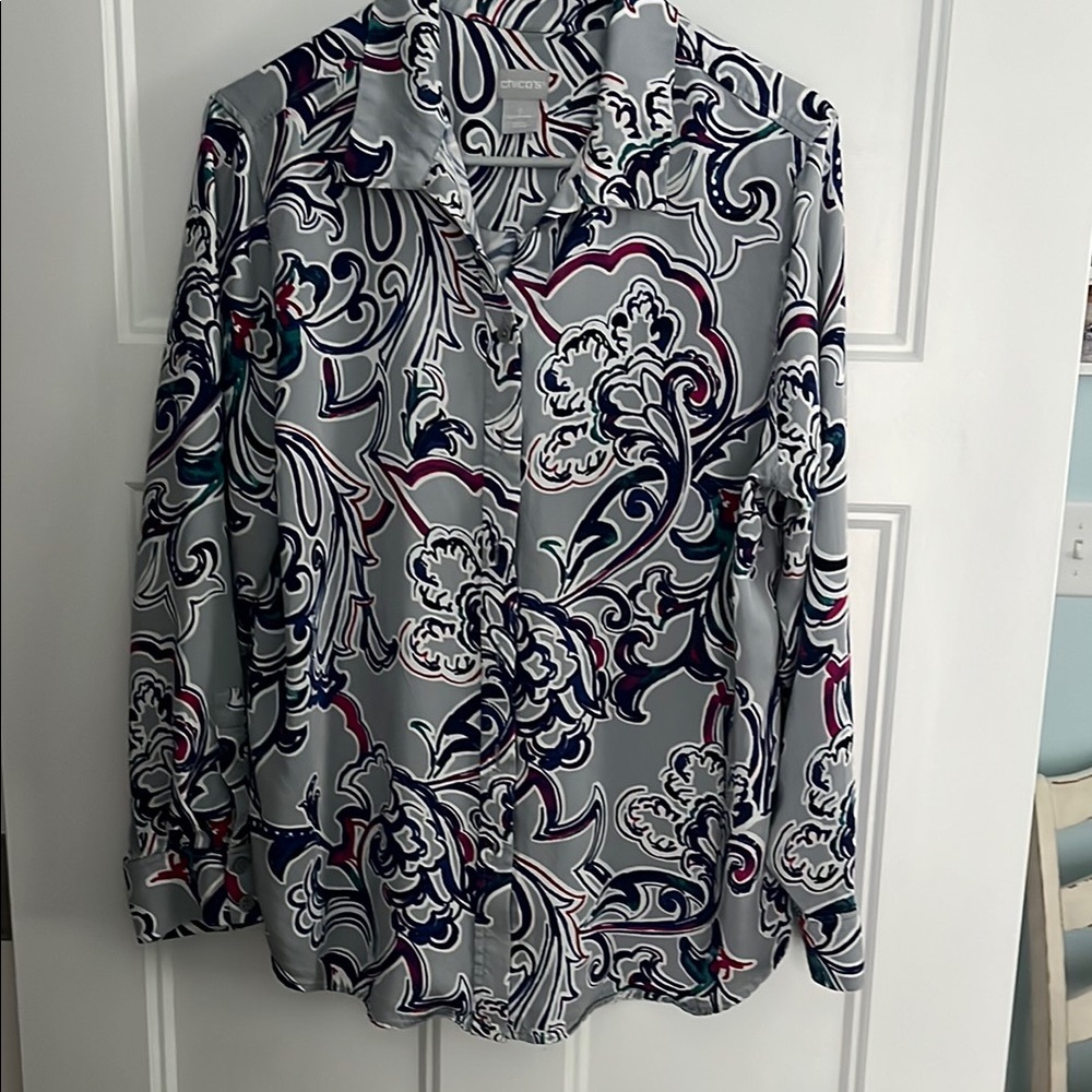Chico's Blue and Red Graphic Blouse with Long Sleeves and Notched Collar